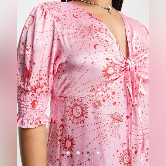 Neon Rose Ruched Bust Midi Tea Dress In Pink Red Celestial Satin Size XL… - Picture 4 of 14